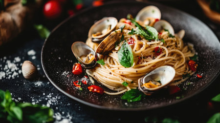 A close-up image of spaghetti alle vongole garnished with fresh herbs and cherry tomatoes, showcasing vibrant colors and delectable textures. Perfect for food lovers.の素材