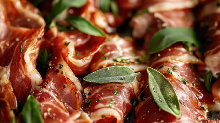 A close-up shot of modern saltimbocca showcasing layers of prosciutto, fresh sage, and herbs. This elegant dish is perfect for gourmet meals.の素材
