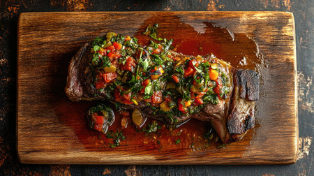 An exquisite presentation of ossobuco on a rustic wooden board, garnished with fresh herbs and colorful vegetables, showcasing the rich flavors of Italian cuisine. Perfect for food photography and culinary inspiration.の素材