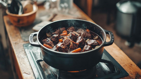 Experience a cozy kitchen scene featuring succulent beef ribs simmering in a pot. This inviting atmosphere showcases a delicious and hearty meal in preparation.の素材
