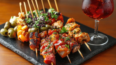 A vibrant arrangement of assorted Spanish pinchos on skewers, featuring grilled meat, vegetables, and olives, served with a refreshing drink, perfect for gatherings.の素材