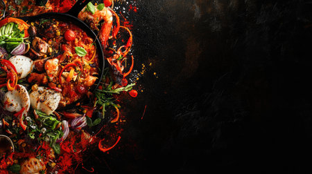 Explore a stunning culinary display showcasing fresh seafood and vibrant ingredients. Perfect for food enthusiasts and culinary professionals looking for inspiration.の素材