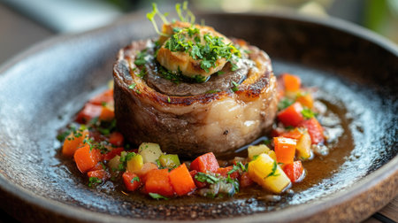 Experience the rich flavors of ossobuco alla milanese served on a plate garnished with fresh herbs and colorful vegetables, perfect for food lovers.の素材