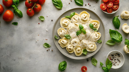 A beautifully arranged plate of fresh tortellini, topped with grated parmesan and garnished with basil. Perfect for a delicious Italian meal.の素材