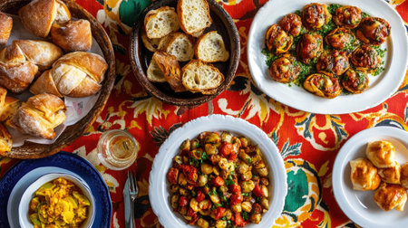 A captivating arrangement of vibrant cicchetti dishes laid out on a colorful tablecloth, showcasing an array of Italian appetizers perfect for sharing and celebrating.の素材