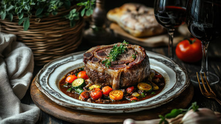 Enjoy a mouthwatering dish of braised veal osso buco served with fresh vegetables and rich sauce, perfect for a cozy dinner setting with wine.の素材