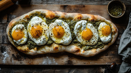 This image showcases a freshly baked pinsa romana topped with eggs and herbs, presenting a delicious and rustic vibe perfect for any culinary setting.の素材