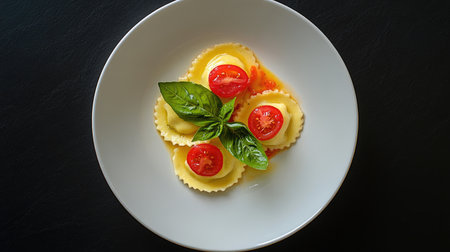 A minimalist top view of ravioli topped with cherry tomatoes and fresh basil, showcasing vibrant colors and a simple yet elegant presentation for culinary delights.の素材