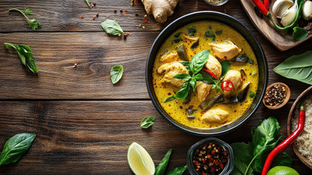 A vibrant bowl of chicken green curry, featuring tender chicken pieces, fresh herbs, and spices, perfect for a wholesome meal. Enjoy the warmth and flavor!の素材