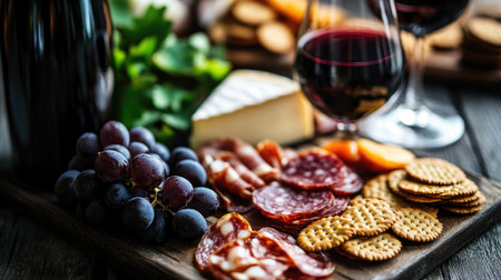 A stylish and luxurious food tray featuring a selection of grapes, cheese, meats, and crackers, perfect for entertaining and enjoying with wine.の素材