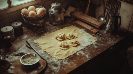 Discover a charming rustic kitchen scene featuring ravioli preparation. Flour-dusted surfaces, fresh eggs, and traditional utensils create a cozy culinary atmosphere.の素材