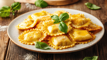 A beautifully arranged plate of golden ravioli, drizzled with melted butter and garnished with fresh basil, perfect for a delightful meal.の素材