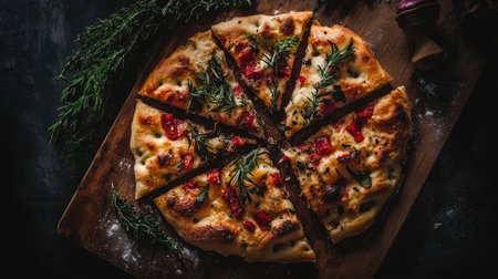 This stunning overhead shot captures a rustic Italian focaccia bread, beautifully sliced and topped with fresh herbs and tomatoes, ideal for culinary inspiration.の素材