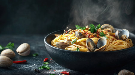 A steaming bowl of spaghetti alle vongole garnished with herbs. Perfect for showcasing Italian culinary tradition with vibrant colors and aromatic appeal.の素材