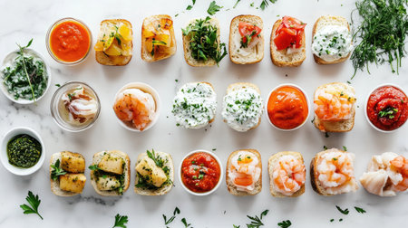 A beautifully arranged selection of cicchetti showcasing a variety of flavors and textures, perfect for social gatherings or upscale dining experiences.の素材
