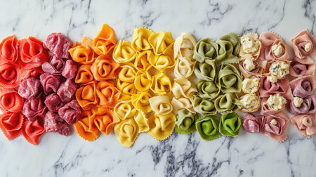 A vibrant array of assorted tortellini shapes on a marble surface, showcasing an appealing blend of colors and textures perfect for culinary art and food photography.の素材