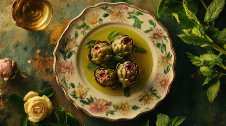 Top-down shot of artichokes alla Romana served elegantly on a floral plate, garnished with fresh herbs, showcasing a rustic and inviting dining presentation.の素材