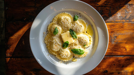 A beautiful top-down view of ravioli served with creamy butter and fresh basil. Perfect for showcasing delicious homemade pasta in a bright, inviting setting.の素材
