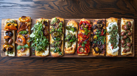 A captivating top-down view of assorted focaccia bread slices on a wooden board, showcasing colorful toppings including herbs, olives, and vegetables, perfect for culinary presentations.の素材