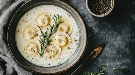 Discover a captivating top-down view of ravioli in rich butter sauce, elegantly garnished with herbs and pepper, perfect for culinary inspiration.の素材