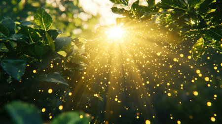 Stunning image of golden rays breaking through lush green foliage, creating a magical atmosphere filled with soft light and vibrant details. Perfect for nature themes.の素材
