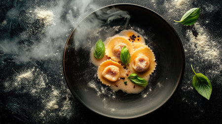 Enjoy a visually stunning plate of steaming ravioli garnished with fresh basil. This gourmet dish offers an elegant presentation perfect for any dining experience.の素材