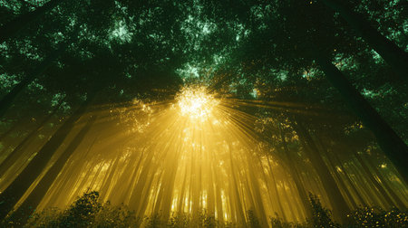 Experience the enchanting beauty of golden rays piercing through a forest canopy, creating a tranquil and ethereal atmosphere filled with light and serenity.の素材