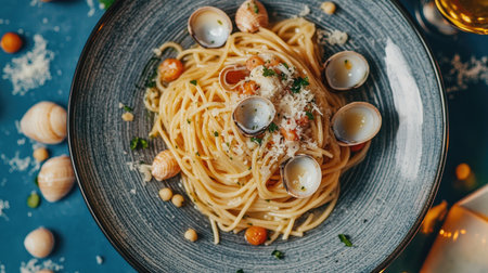 A beautifully arranged plate of spaghetti topped with clams, garnished with fresh herbs and parmesan. Ideal for seafood lovers and culinary enthusiasts.の素材