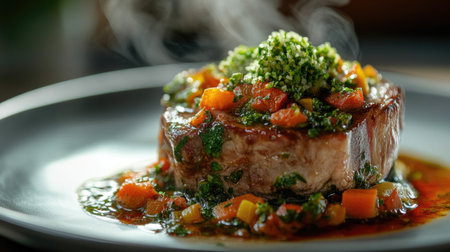 A close-up image featuring a delicious ossobuco alla milanese, beautifully garnished with fresh herbs and colorful vegetables, showcasing its savory flavors and appealing presentation.の素材