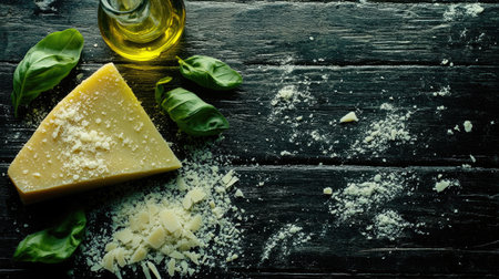 A flat lay composition featuring fresh basil leaves, creamy Parmesan cheese, and olive oil on a rustic wooden surface, perfect for culinary showcases.の素材