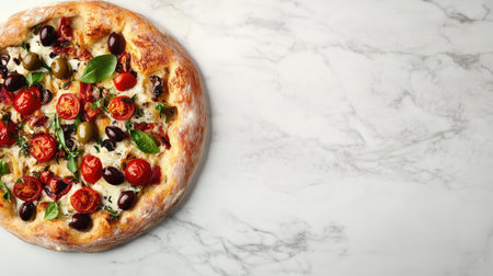 A vibrant focaccia bread topped with tomatoes, olives, and basil presented on a smooth marble surface. Perfect for food photography, recipes, and culinary displays.の素材