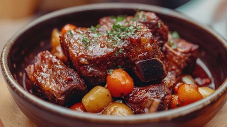 This image showcases a delicious serving of beef ribs bourguignon, featuring tender meat and vibrant vegetables in a rich sauce, perfect for a cozy dinner.の素材