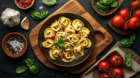 A delightful dish of tortellini served on a wooden cutting board, surrounded by fresh basil, garlic, tomatoes, and spices, highlighting rustic culinary appeal.の素材