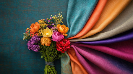 A stunning flower bouquet featuring vibrant colors set against a textured fabric background, creating a visually striking and artistic composition.の素材