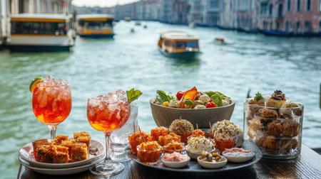 Explore a delightful arrangement of traditional cicchetti delicacies and refreshing drinks, set against a picturesque water view. Perfect for a culinary experience in Italy!の素材