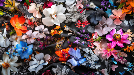 A stunning display of assorted flower bunches elegantly laid on a dark fabric background, showcasing a vibrant blend of colors and intricate details.の素材
