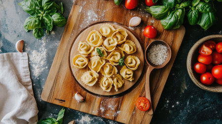 A beautiful arrangement of fresh tortellini served on a wooden cutting board. Surrounded by basil and tomatoes, this rustic display highlights culinary art.の素材