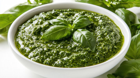 This image features a simple yet inviting bowl of green pesto, made with fresh basil and herbs. Perfect for culinary inspiration and healthy recipes.の素材