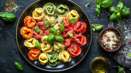 A beautifully arranged plate of colorful pasta, topped with fresh basil and spices, perfect for showcasing gourmet culinary art in any dining setting.の素材