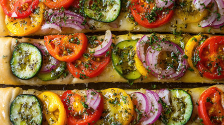 A stunning top view of vibrant focaccia adorned with colorful vegetables and herbs, showcasing a delicious blend of flavors and textures ideal for any meal.の素材