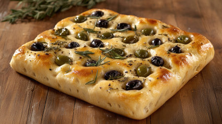 A beautifully baked olive focaccia bread topped with fresh herbs, showcasing its golden crust and vibrant green olives on a rustic wooden surface. Perfect for any meal.の素材