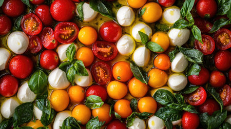 A vibrant overhead view showcasing a colorful assortment of Italian ingredients, featuring ripe tomatoes, fresh basil, and creamy mozzarella, perfect for culinary inspiration.の素材