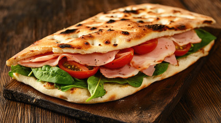 A vibrant focaccia sandwich filled with ham, fresh tomatoes, and spinach, offering a delicious and hearty option for any meal or snack. Perfect for lunch or picnics!の素材