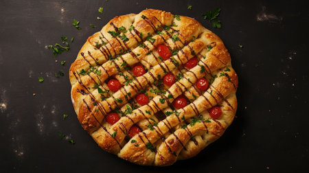 This artistic top view showcases a beautifully adorned focaccia with cherry tomatoes and fresh herbs. A culinary delight perfect for any meal.の素材
