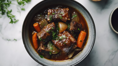 A stunning overhead view of tender beef ribs served in a bowl, accompanied by carrots and onions. This appetizing dish showcases rich flavors and vibrant colors, perfect for a hearty meal.の素材