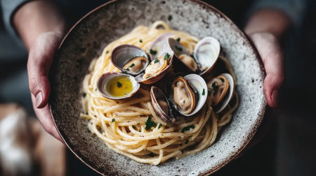 A mouthwatering plate of spaghetti alle vongole featuring fresh clams and herbs, beautifully presented for an inviting dining experience. Perfect for Italian cuisine lovers.の素材