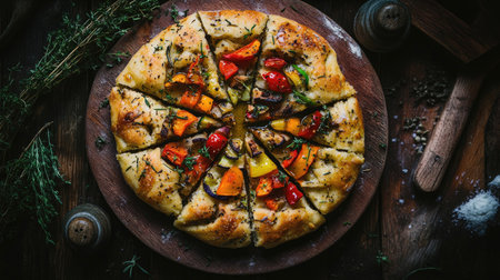 This vibrant focaccia showcases a beautiful arrangement of colorful vegetables and fresh herbs, ideal for food photography, recipes, and gourmet presentations.の素材