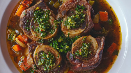 Mouthwatering braised veal ossobuco beautifully garnished and served with seasonal vegetables, showcasing rich flavors and hearty presentation.の素材