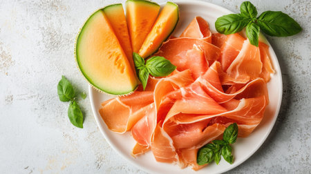 A vibrant plate featuring thinly sliced prosciutto accompanied by sweet melon and fresh basil, perfect for a delightful appetizer or summer snack.の素材