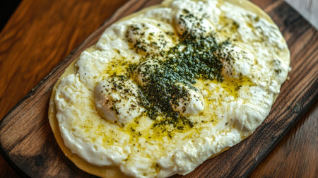 Enjoy a mouthwatering top view of a Pinsa Romana, featuring creamy cheese and aromatic herbs drizzled with olive oil, showcasing Italian culinary delights.の素材